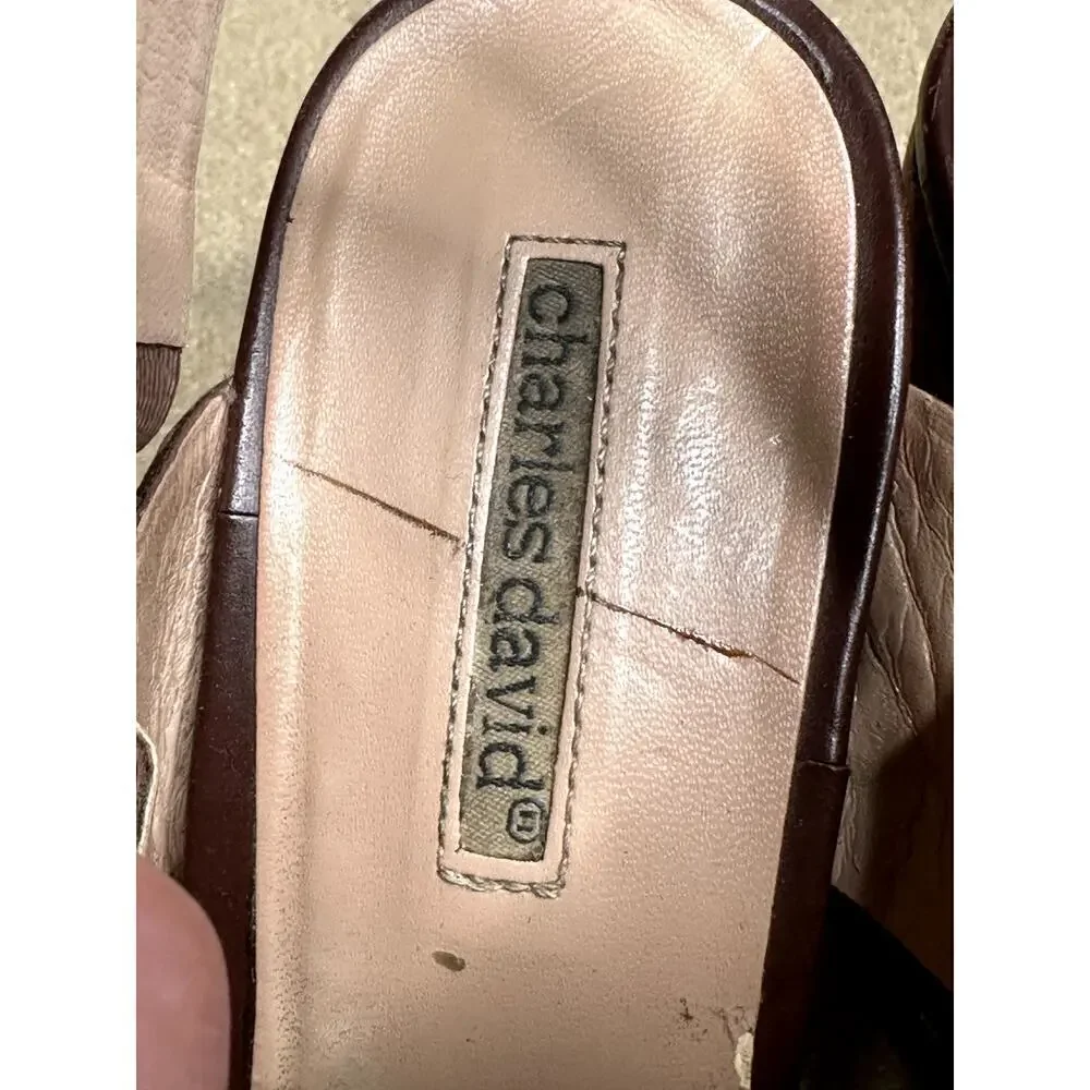 Charles David Trove Brown Leather Strappy Wedge Heels Sandals Size 9.5B
